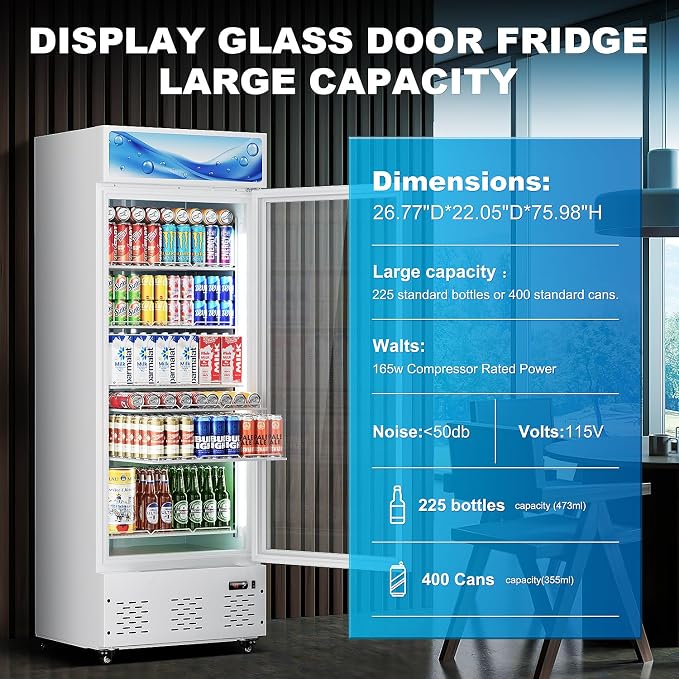26.8'' W Commercial Beverage Refrigerator, 15 Cu.ft Upright Display Merchandiser Cooler Fridge with LED Light, Adjustable Shelves & Lockable Door for Restaurant Grocery Stores Home, White