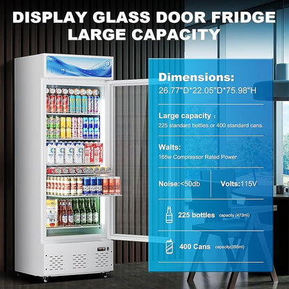 26.8'' W Commercial Beverage Refrigerator, 15 Cu.ft Upright Display Merchandiser Cooler Fridge with LED Light, Adjustable Shelves & Lockable Door for Restaurant Grocery Stores Home, White