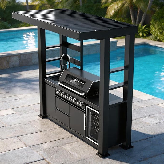94" Outdoor Kitchen Island Grill with Gazebo, 6-Burner 85000 BTU Stainless Steel Propane BBQ, Rotisserie, Refrigerator, Sink, Granite Countertops, Storage Cabinets for Backyard Patio, Black
