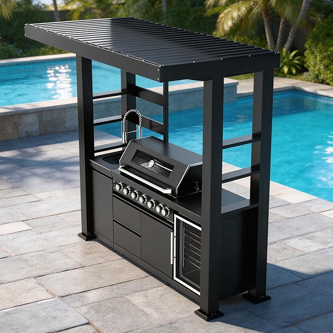 94-Inch6-Burner Gas Range (85,000 BTU) Stainless Steel Outdoor Kitchen Grill Island with Refrigerator, Rotisserie, Granite Countertop, Storage Cabinets, and Drawers (Black, 94"(Propane Gas))