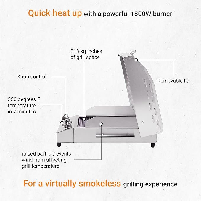 Kenyon G2 Portable Tabletop Electric Grill, 1440W Single Burner, Stainless Steel Body, Cast Aluminum Grate, UL Approved Grill For Indoor And Outdoor Use, Removable Lid, Dishwasher Safe, 120Volts