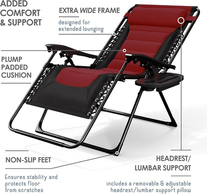 Nestl Padded Oversized Zero Gravity Chair, XL Folding Outdoor Lounge Chair | Adjustable Headrest, Cup Holder & Side Tray, Support 330 LBS, Reclining & Foldable, For Patio Beach & Camping, Black/Burgundy