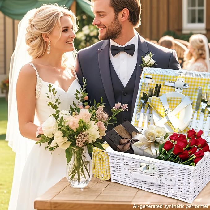 Wicker Picnic Basket Set for 4, Blanket, Cooler Bag, Yellow Grid | Four-Person Wicker Set Includes Tableware, Insulated Food Storage and Waterproof Blanket for Parks, Camping, Dates and Gifts