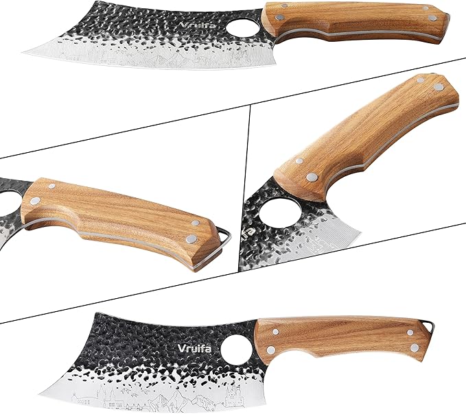VRUIFA 3 PCS Butcher Knife Set (Serbian, Meat Cleaver, Viking), Hand Forged with Premium Stainless Steel Blades, Ergonomic Wooden Handle Kitchen Knife Set for Home,BBQ, and Camping