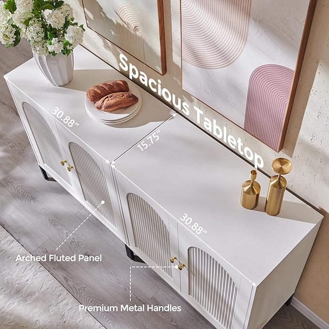 IFBUY Modern Sideboard Buffet Cabinet, 61.75" W Fluted Arched Buffet Cabinet with Storage and Adjustable Shelves, Wooden Modular Coffee Bar Cabinets for Kitchen, entryway, White.