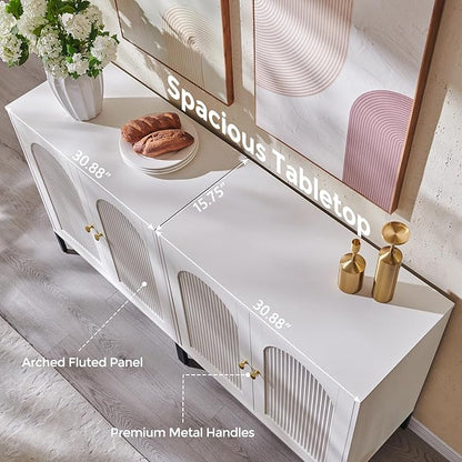 IFBUY Modern Sideboard Buffet Cabinet, 61.75" W Fluted Arched Buffet Cabinet with Storage and Adjustable Shelves, Wooden Modular Coffee Bar Cabinets for Kitchen, entryway, White.