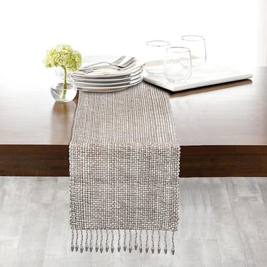 Urban Villa, 100% Cotton Two Tone Table Runner,14''x 72'' Over Sized Taupe/White Two Tone Table Runner with Fringes, Every Day Use Heavier Quality Christmas Runners