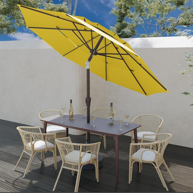 9FT 3 Tiers Patio Umbrella With Auto Tilt And Crank, Outdoor Table Market Umbrella with 8 Sturdy Ribs for Garden, Lawn, Deck, Backyard and Pool