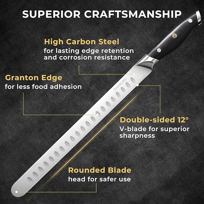 DiiHAUZZ Brisket Knife, 12 Inch Carving Knife for Meat, Razor Sharp High Carbon Steel, Full Tang Ergonomic Pakkawood Handle Slicing Knives for Roast Beef, BBQ, Turkey, Grilling Gift for Men