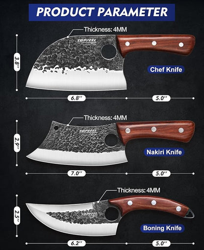 Topfeel 3PCS Butcher Knife Set, Hand Forged Serbian Chef Knives & Meat Cleaver & Viking Knives, Meat Cutting Kitchen Knife Set for Home, Outdoor Cooking, Camping BBQ Gift Idea Men