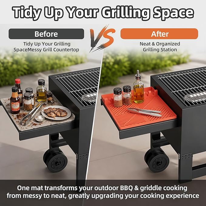 Silicone Grill Mat Compatible with Blackstone Griddle Accessories, Extra-Thick Griddle Tools & Spatula Mat with Drip Pad for Side Shelf, Outdoor BBQ Utensil Holder, Gifts for Men (Orange)