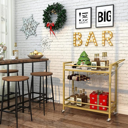 LAATOOREE Bar Cart, Two-Color Home Bar Serving Cart, Mobile Drink Beverage Cart with 2 Storage Shelves, Rolling Kitchen Cart with Wine Holder and Glass Holder, for Dinning Room, Living Room, Kitchen