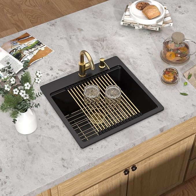 21 Inch Drop In Bar Sink - Matte Black Granite Composite Workstation Single Bowl Small Prep Wet Sink with All-In One Gold Accessories & Cutting Board for RV, Kitchen Bar, and Boat#TLGT-130