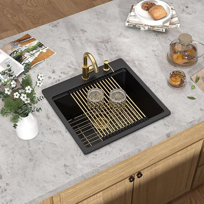 21 Inch Drop In Bar Sink - Matte Black Granite Composite Workstation Single Bowl Small Prep Wet Sink with All-In One Gold Accessories & Cutting Board for RV, Kitchen Bar, and Boat#TLGT-130