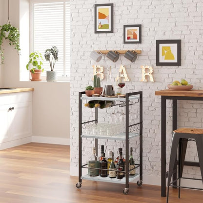 TUTOTAK Bar Cart with Wheels, Mini Drink Cart with Wine Rack & Glass Holder | 3-Tier 17 Inch Wide Home Bar Serving Carts, Small Mobile Kitchen Shelf with 6 Hooks, Marble White BC01BM035