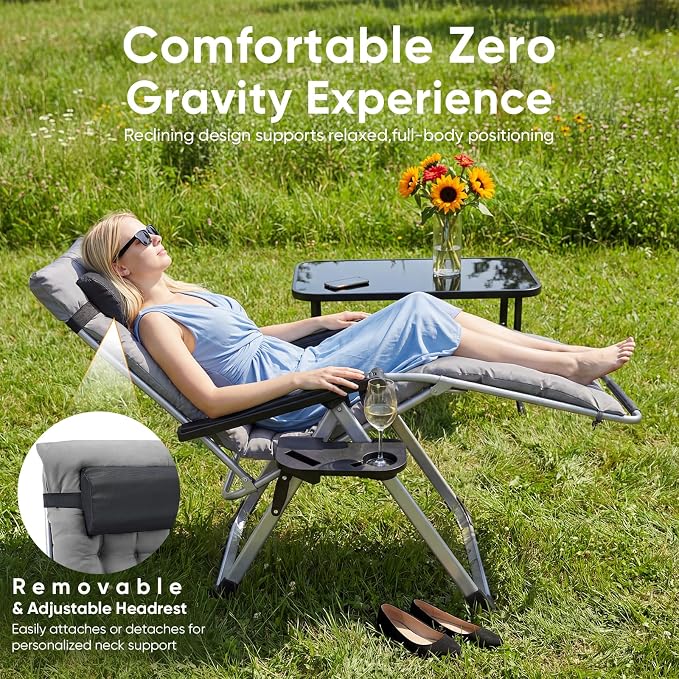 NEWBULIG Set of 2 Zero Gravity Chair, Folding Patio Recliner with Removable Cushion & Cup Holder Trays, Portable Lounge Chair for Beach & Camping, Classic Gray