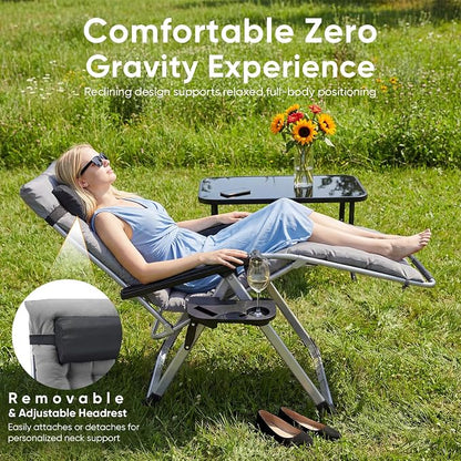 NEWBULIG Zero Gravity Chair, Folding Patio Recliner with Removable Cushion & Cup Holder Trays, Portable Lounge Chair for Beach & Camping, Classic Grey