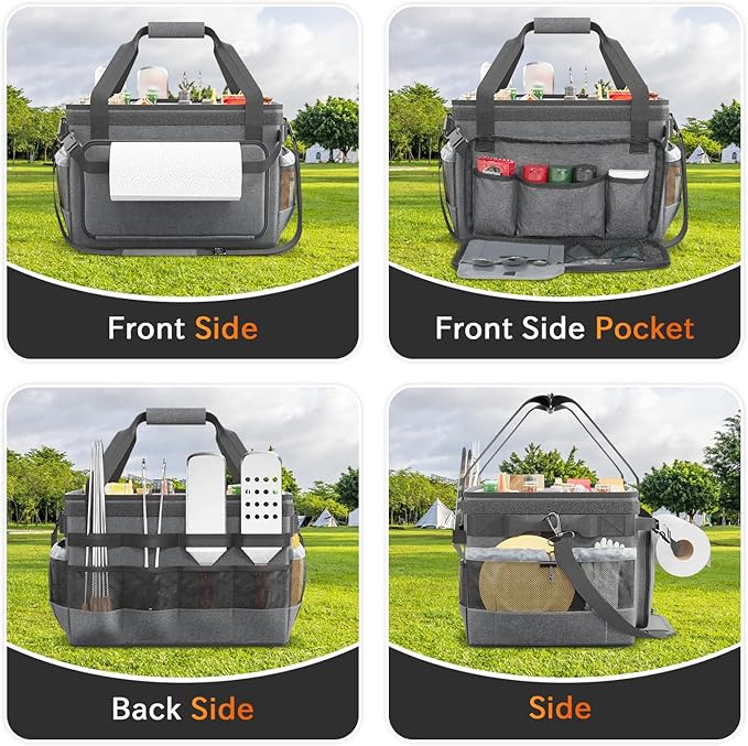 Large Grill Caddy with Lid, Foldable Organizer with Paper Towel Holder For Outdoor Picnic Camp Kitchen Accessory Storage, for BBQ Enthusiast, Black