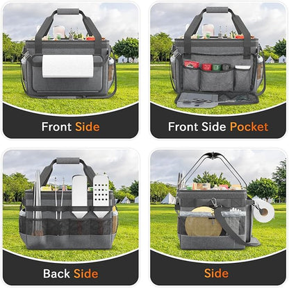 Large Grill Caddy with Lid, Foldable Organizer with Paper Towel Holder For Outdoor Picnic Camp Kitchen Accessory Storage, for BBQ Enthusiast, Black