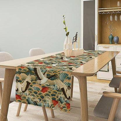 Japanese Crane Table Runner Oriental Vintage Asian Chinese Red-Crowned Crane Birds Koi Fish Traditional Dinner Runner for Home Kitchen Dining Table Holiday Party 13x120in