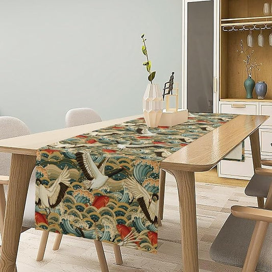 Japanese Crane Table Runner Oriental Vintage Asian Chinese Red-Crowned Crane Birds Koi Fish Traditional Dinner Runner for Home Kitchen Dining Table Holiday Party 13x70in