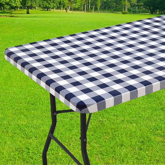 Smiry Rectangle Picnic Table Cloth, Elastic Waterproof Fitted Vinyl Tablecloths, Flannel Backed Buffalo Plaid Table Covers for Dining, Camping, Outdoor (White and Navy, 30" x 60")