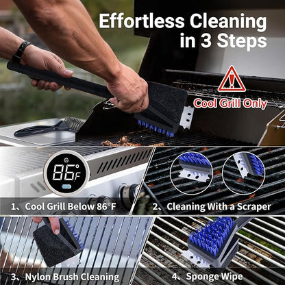 Nylon Grill Brush Cleaning Kit, No Wire Bristle BBQ Brush with Scraper, Safe Barbecue Cleaning Kit for Gas Charcoal Grill Grates, Heat Resistant Outdoor Grill Cleaner, Gift for Men Dad 2-Piece Set