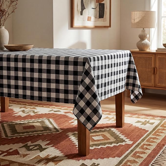 Waterproof Gingham Tablecloth, Checkered Fabric Table Cover for Kitchen Dining, Black & White Plaid Table Cloth, Rectangle Table Cloth for Indoor Outdoor Use, W60 x L120 in