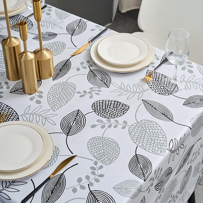 LIBERECOO Monochrome Leaf Whisper Vinyl Tablecloth with Flannel Backing Elegant Black & White Leaf Design Waterproof, Durable, Lightweight 54x72 Inch