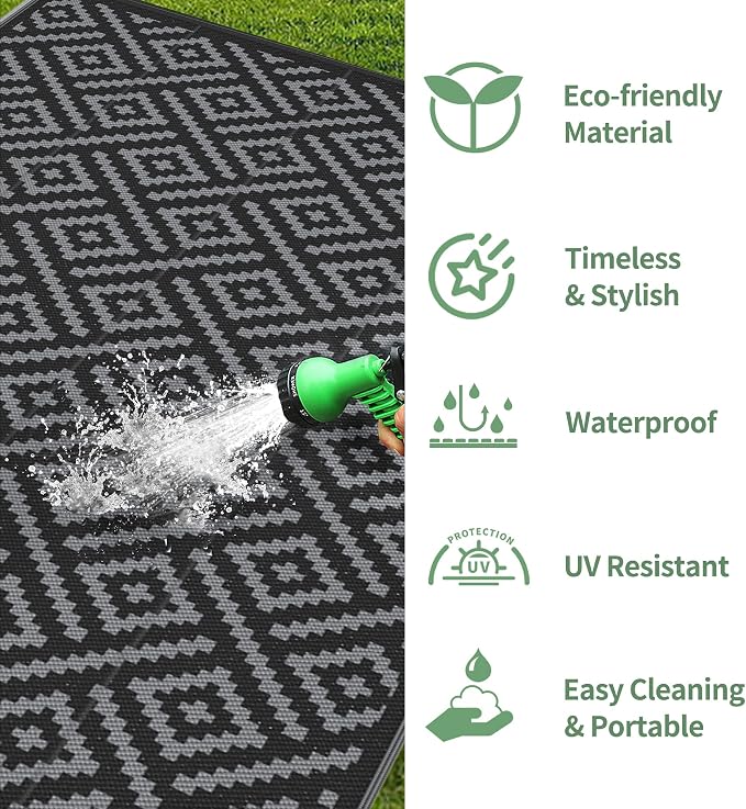 GENIMO Outdoor Rug, Waterproof Plastic Rugs 10'x20' for Camping Black Grey | Outside Larger Modern Carpet Mat for Patio Decor, RV, Porch, Camper, Deck, Picnic, Beach, Backyard, Reversible, Foldable