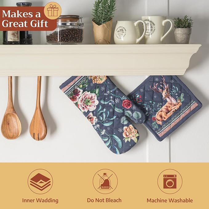 Maison d' Hermine 100% Cotton Oven Mitt & Pot Holder Set (7.5"x13" & 8"x8") | Heat Resistant BBQ Cooking Gloves with Loop Baking Grilling Kitchen Home Farmhouse Thanksgiving Christmas - Christmas Joy