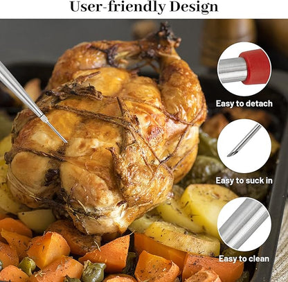 Turkey Baster Syringe for Cooking, Large Stainless Steel Meat Injector, with Cleaning Brush and 2 Marinade Needles, Red