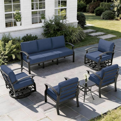 ALAULM Aluminum Patio Furniture Set with 2 Swivel Chairs 7-seat Metal Outdoor Furniture Patio Sectional Sofas Patio Conversation Set w/5.1" Cushions for Patio, Backyard, Poolside-DarkBlue