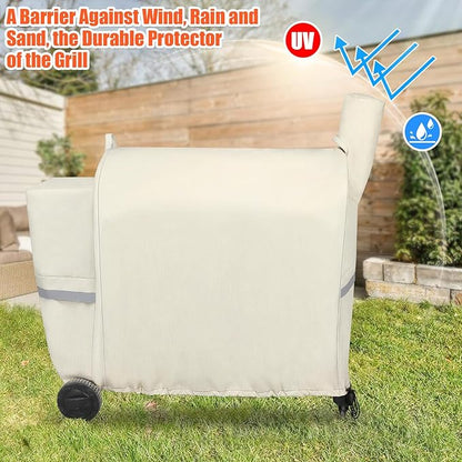 QuliMetal Pellet Grill Cover for Traeger Pro 34/780, Texas Elite 34, Eastwood 34 Series Pellet Grills, Z Grills 700/550/600, 600D Fade Resistant Full Length Grill Cover with Elastic Drawstrings, Beige