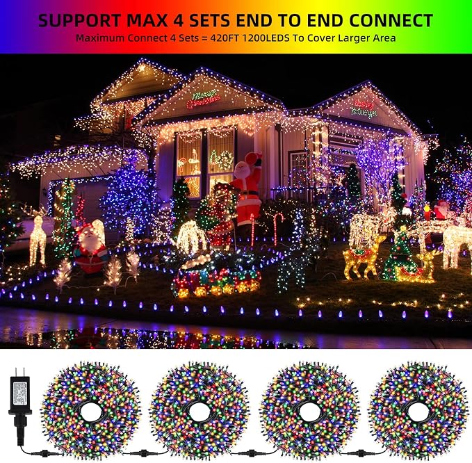 MZD8391 105FT 300LED Christmas Light Outdoor Indoor,Christmas Tree Light | Multicolor, 100% UL Listed, Waterproof, 8 Light Mode, Timer & Memory, 4 Sets End To End Connect, Christmas String Fairy Light