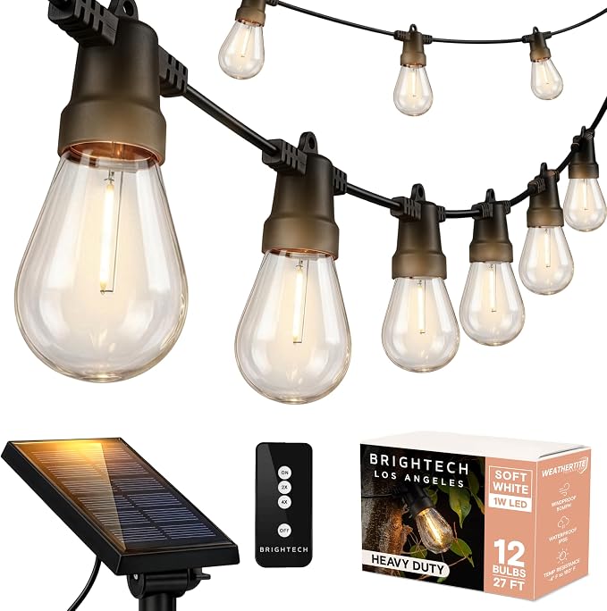 Brightech Ambience Pro Solar Powered Outdoor String Lights - Commercial Grade Patio Lights with 27 Ft Edison Bulbs - Shatterproof LED Solar String Lights - 1W LED, Warm White Light