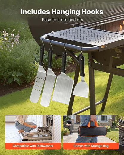 VEVOR 28PCS Griddle Accessories Kit, Flat Top Grill Accessory, Enlarged Spatula Gift Set, Stainless Steel Grilling Tools with Basting Cover, Tong, Burger Press, Carry Bag, for Outdoor BBQ Teppanyaki