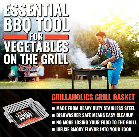 Grillaholics Grill Basket for Outdoor Grill - Durable Premium Stainless Steel Vegetable Grill Basket - XL Family Size BBQ Grill Basket - Perfect Grilling Accessories for Veggies, Fish, Shrimp & Kebabs