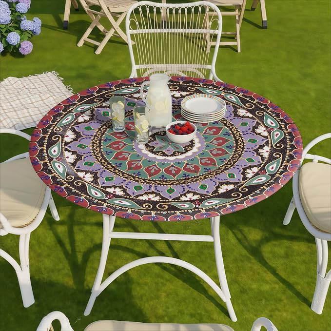 opstellen Fitted Round Tablecloth Waterproof Table Cloth Vinyl Indoor Outdoor Circle Cover for 36-44" Tables Dining Kitchen Apartment Home Party Gear Gifts Summer Fall Patio Picnic Camping Essentials
