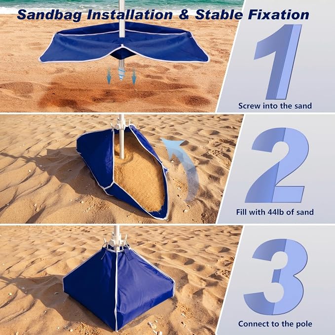 Fisqueen 8FT Large Beach Umbrella with Wind Resistance Sand Anchor Sand Bag, Portable Outdoor Umbrella with UPF50+ UV Protection, Tilt Sun Shelter for Beach, Patio, Yard