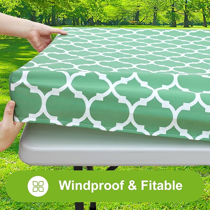 Smiry Picnic Fitted Table Cover, 6 Foot Flannel Backed Vinyl Tablecloth | Waterproof Elastic Stretch Table Cloth, Wipeable Plastic Tablecloth for Camping, Indoor & Outdoor (Sage Green, 30" x 72")