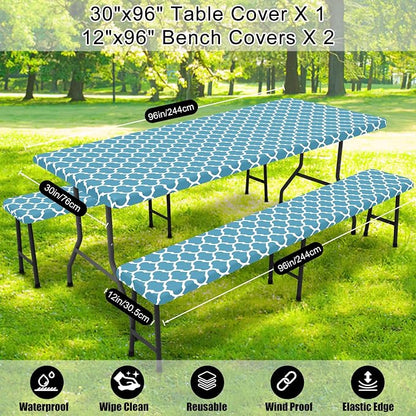 Smiry Picnic Table Cover with Bench Covers, Waterproof Elastic Fitted Tablecloth for 8 Foot Tables, Washable Polyester Tablecloths for Camping, Indoor & Outdoor (Light Blue, 30x96 Inch 3-pc Set)