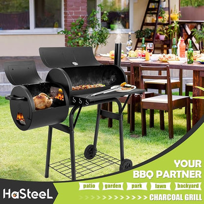 HaSteeL Outdoor Charcoal Grill with Cover, Large Barrel BBQ Grill with Offset Smoker, Great for Camping Patio Backyard Garden Party Picnic Beach, Large 420.SQ.IN Cooking Area, 2 Screwdrivers - Black