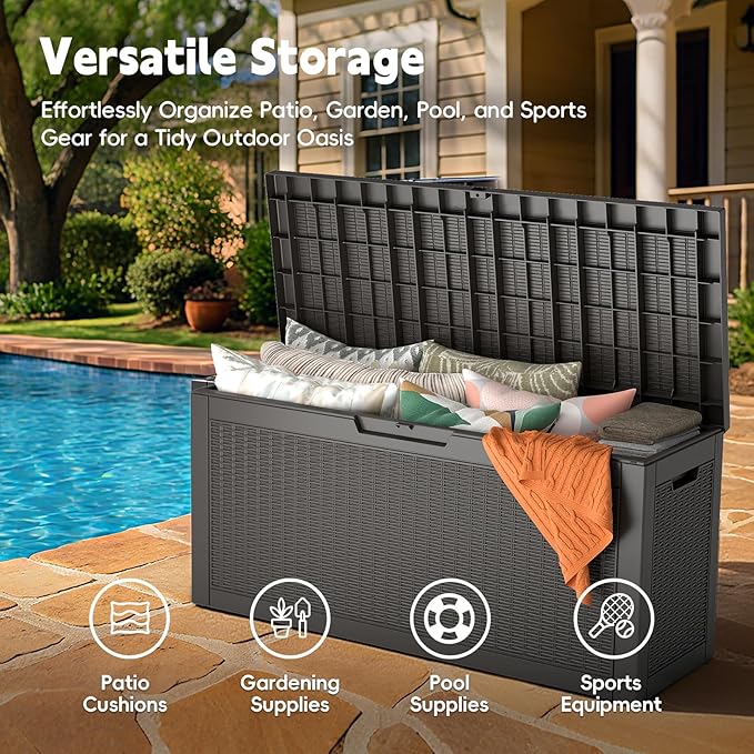 66 Gallon Outdoor Deck Box - Lockable Waterproof Storage Container, Resin Weatherproof Box for Patio Garden Furniture Pool Tools Cushions, Black