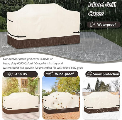 Bitubi 86 Inch Island Grill Cover - 600D Heavy Duty Waterproof All Weather Protection Extra Large Grill Cover,Beige & Brown