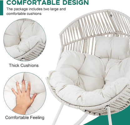 Shintenchi Egg Chair Outdoor, Oversized Outdoor Indoor Wicker Rocking Chair, Large PE Rattan Egg Rocking Chair with Cushion for Patio, Balcony, Backyard, Garden, White