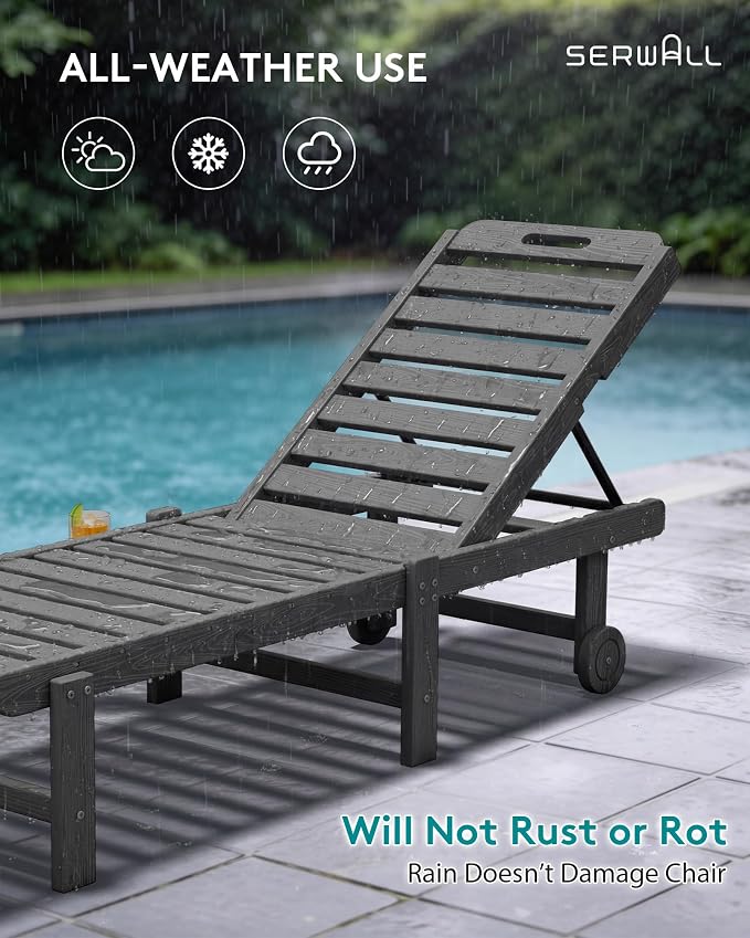 SERWALL HDPE Outdoor Chaise Lounge Set of 2 with Cup Holder & Wheels, Grey | Weather-resistant chaise lounge resists fading, with 5-level adjustable back, cup holder and wheels.