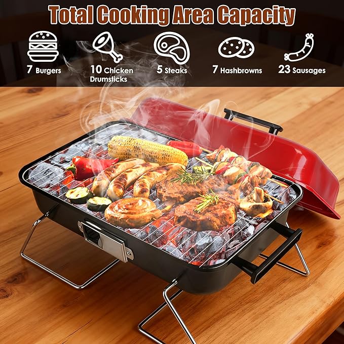 Portable Charcoal Grill, Foldable Tabletop BBQ Smoker, Small Barbecue Grill for Outdoor Cooking Camping Picnics & Travel, Compact & Lightweight, Red
