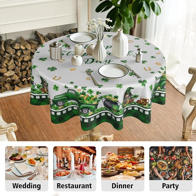 Sweetshow Happy St. Patrick's Day Gnomes Table Cloth Round Shamrock Trucks Green Hat Coin Buffalo Plaid Tablecloth 60 Inch Decor Washable Stain and Wrinkle Spring Round Table Cover for Dining Picnic