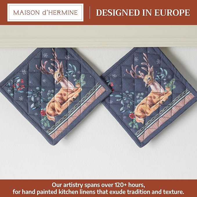 Maison d' Hermine Pot Holders 100% Cotton Potholders (8" x 8", Pack of 2) | Heat Resistant Hot Pads with Loop BBQ Cooking Baking Hotel Kitchen Handling Hot Pans Thanksgiving Christmas - Christmas Joy